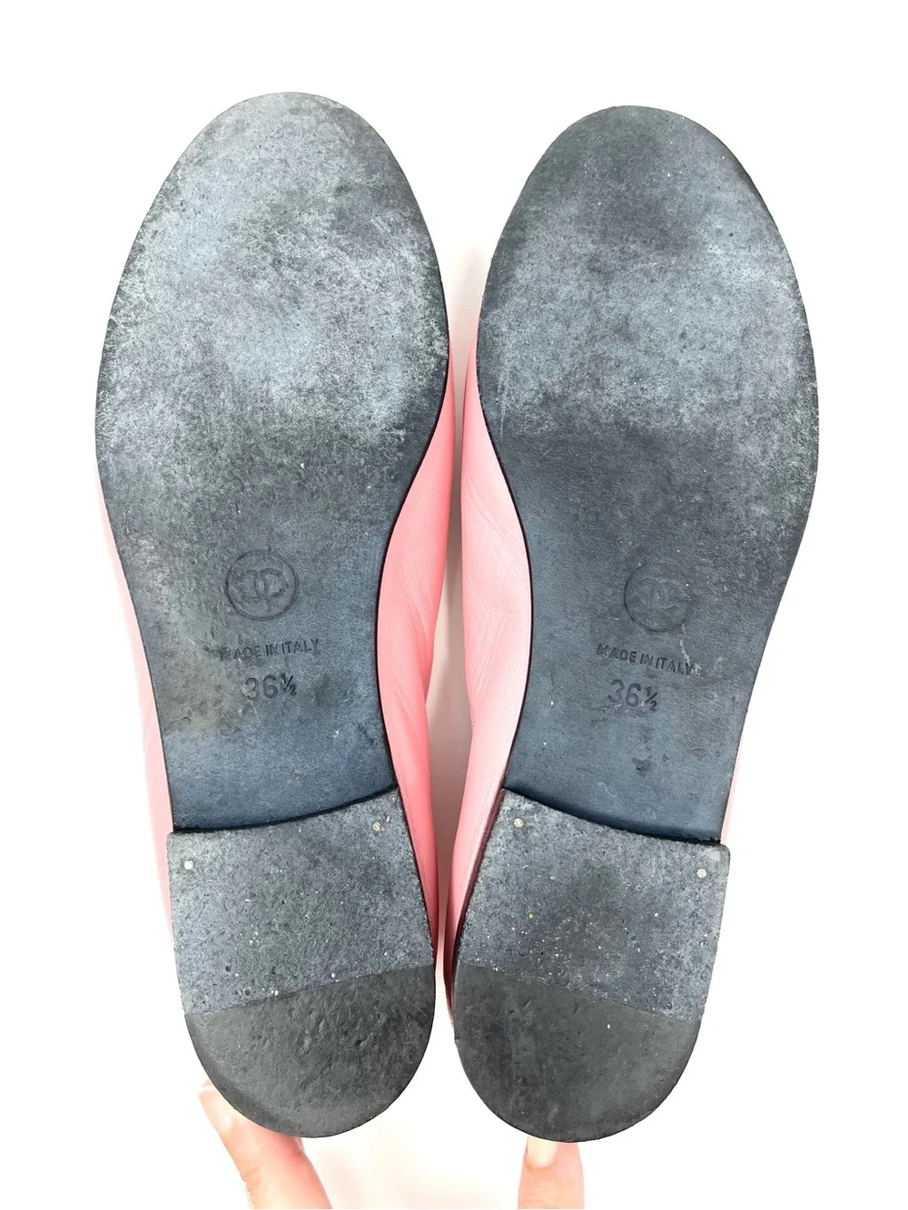 Chanel Pink Leather Black Cap Toe Two Tone CC Logo Bow Ballet Flats Shoes 36.5